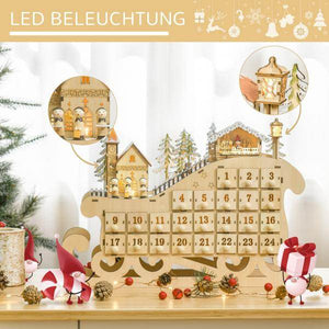 Adventskalender zum Befüllen 24 Schubladen Fächer Weihnachtskalender mit LED-Lichtern Schlitten-Form