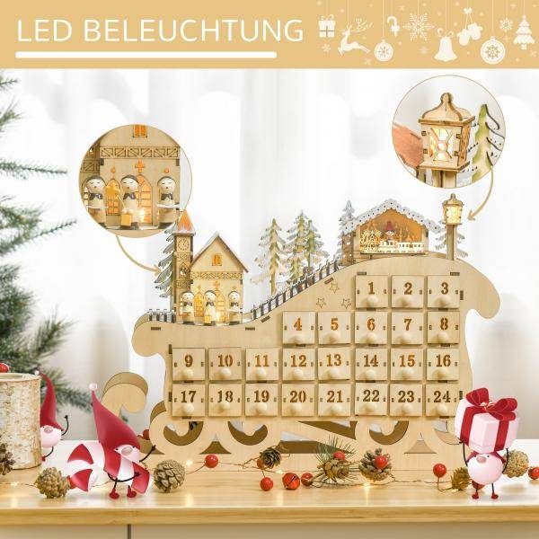 Adventskalender zum Befüllen 24 Schubladen Fächer Weihnachtskalender mit LED-Lichtern Schlitten-Form