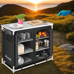 Campingschrank Deluxe mit Aluminiumgestell und 6 Fächern schwarz