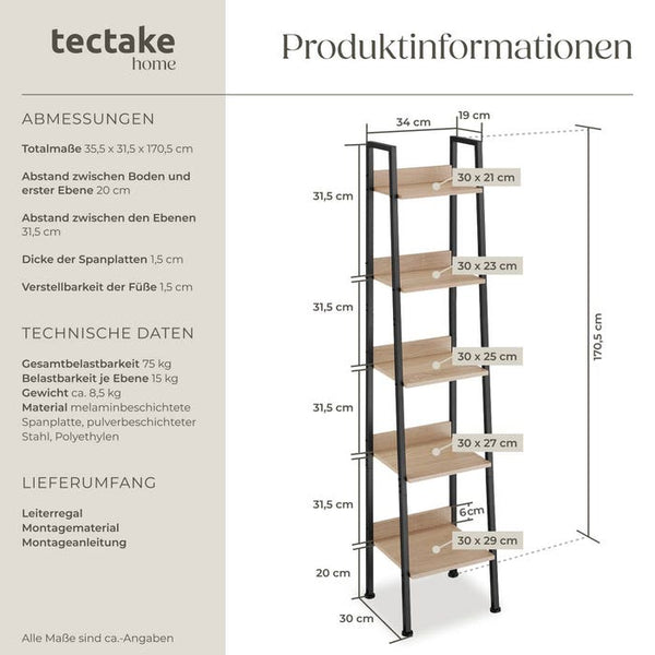 Leiterregal Folkestone Industrial Holz hell, Eiche Sonoma 35,5 x 31,5 x 170,5 cm