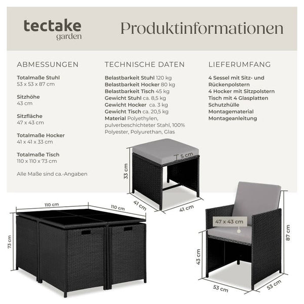 Rattan Sitzgruppe Bilbao 4+4+1 mit Schutzhülle - schwarz/grau