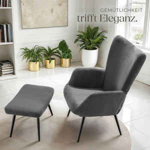 Sessel Hygge gepolstert, ergonomisch, Belastbarkeit 150 kg Breitcord anthrazit/schwarz mit Hocker