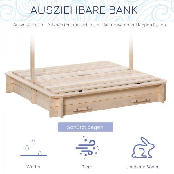 Sandkasten Sandkiste aus Holz mit Dach abnehmbar Rücklehnen verstellbar Tannenholz Natur
