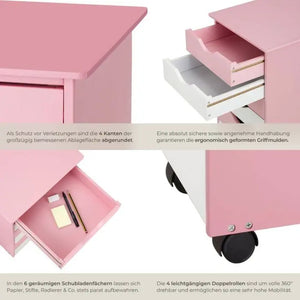 Rollcontainer aus Holz mit 6 Schubladen rosa