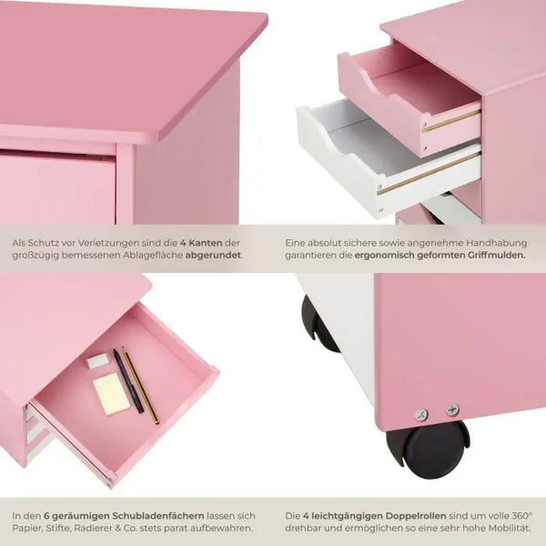 Rollcontainer aus Holz mit 6 Schubladen rosa