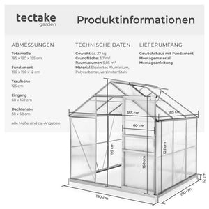 Gewächshaus mit Fundament 190 x 185 x 195 cm