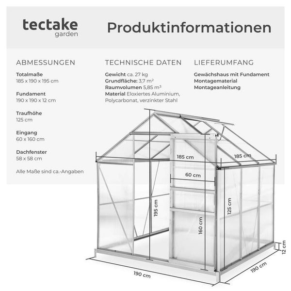 Gewächshaus mit Fundament 190 x 185 x 195 cm