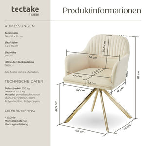 Samt-Drehstuhl Lona créme/gold 4er Set