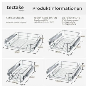 Teleskopschublade verchromt grau für 30 cm Schränke, 4er Set