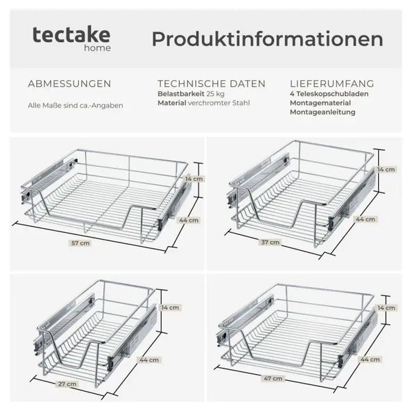 Teleskopschublade verchromt grau für 30 cm Schränke, 4er Set
