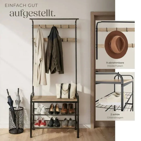 Garderobe Wichita mit Sitzbank Industrial Holz hell, Eiche Sonoma 73,5 x 36 x 184 cm