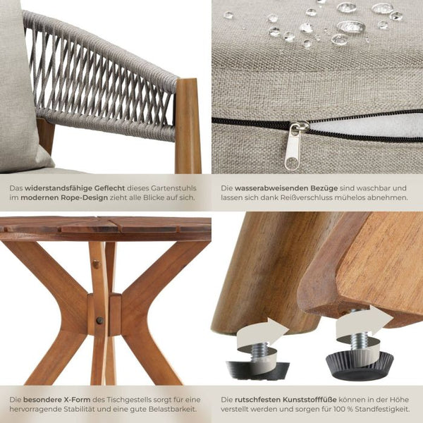 3-teiliges Gartenset Tisch und 2 Stühle Akazienholz greige