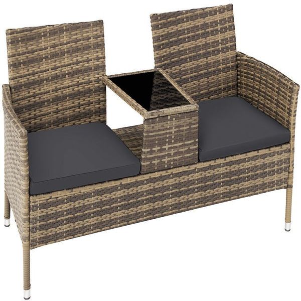 Rattan Gartensitzbank mit Tisch natur/dunkelgrau