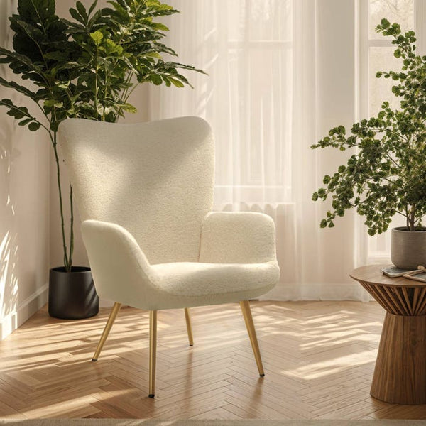 Sessel Hygge gepolstert, ergonomisch, Belastbarkeit 150 kg Bouclé creme/gold ohne Hocker