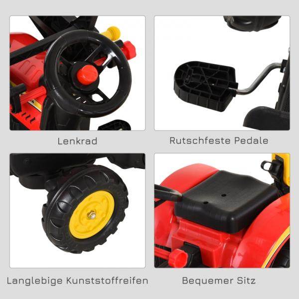 Trettraktor mit Anhänger Tretbagger mit Frontlader Kindertrettraktoren ab 3 Jahre Stahl Kunststoff Rot 179 x 42 x 59 cm