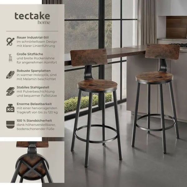 Barhocker Poole 2er Set Industrial Holz dunkel, rustikal