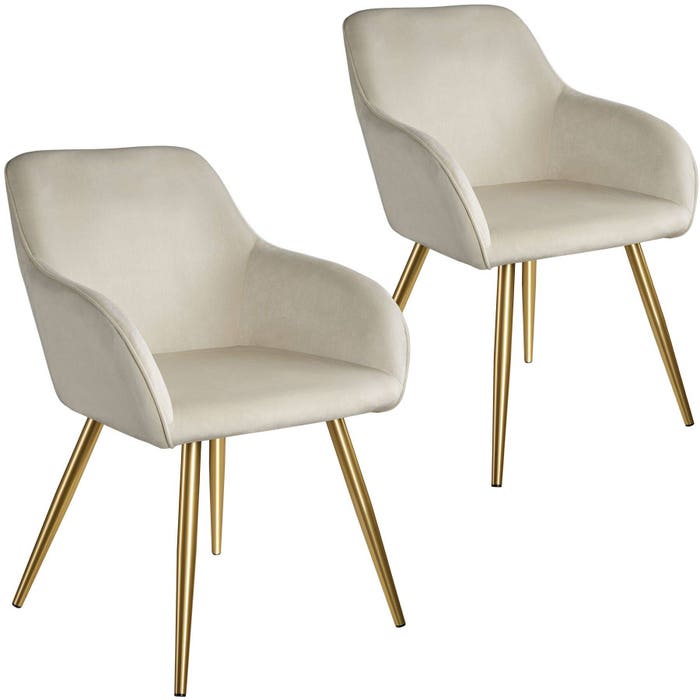 Ensemble de 2 chaises Marilyn, aspect velours, pieds dorés, crème/doré