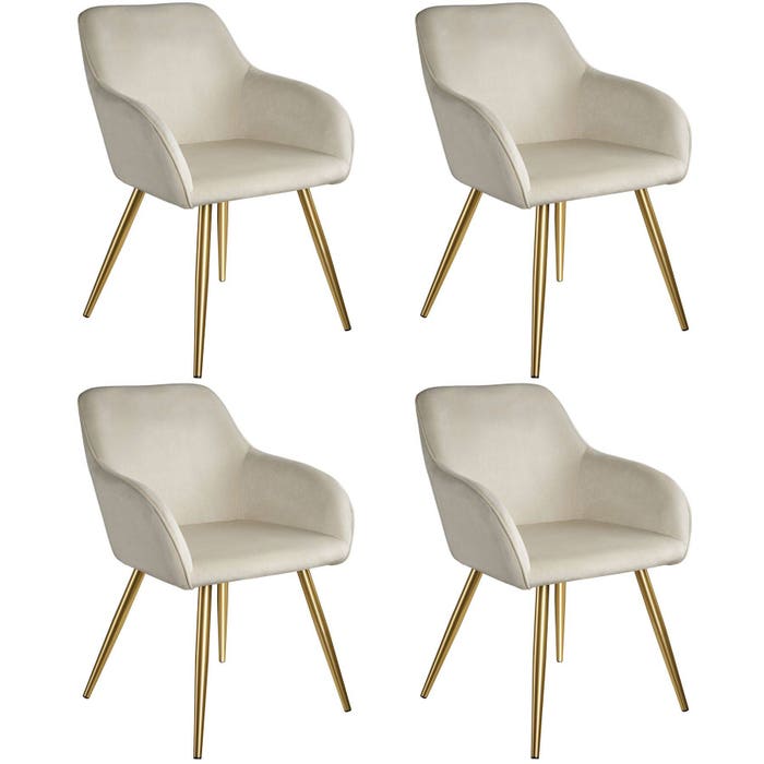 Ensemble de 4 chaises Marilyn, aspect velours, pieds dorés, crème/doré