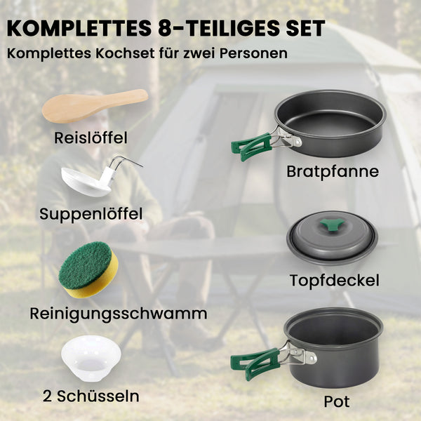 Camping Kochgeschirr Set Outdoor mit Topf Pfanne und Griff 8-teilig