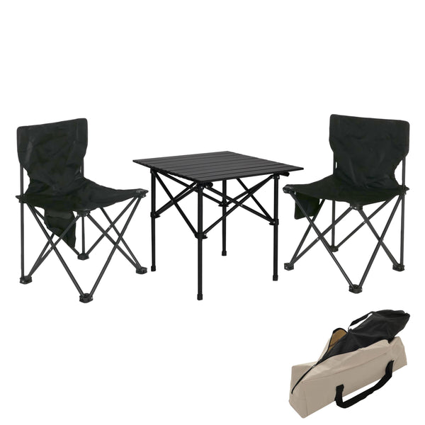 Faltbares Camping Set mit Tisch und 2 Klappstühlen, schwarz