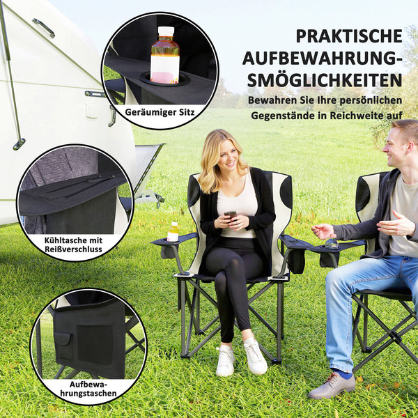 Campingstühle 2er Set faltbar mit Armlehnen Getränkehalter und Kühltasche