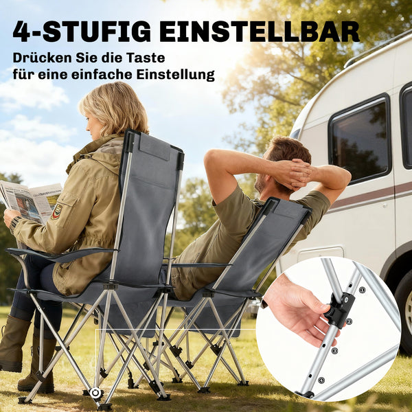 Campingstuhl 2er Set faltbar mit Fussstütze und Getränkehalter grau