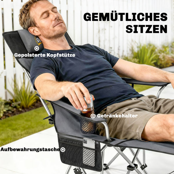 Campingstuhl 2er Set faltbar mit Fussstütze und Getränkehalter grau