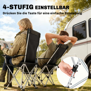 Campingstuhl 2er Set faltbar mit Fussstütze und Getränkehalter schwarz