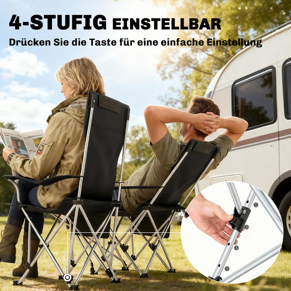 Campingstuhl 2er Set faltbar mit Fussstütze und Getränkehalter schwarz