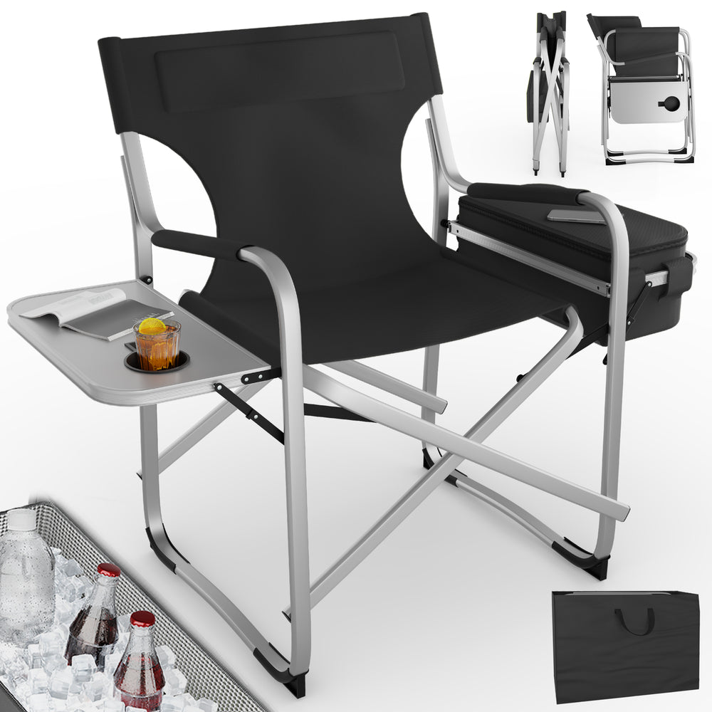 Sedia da campeggio deluxe con borsa termica e tavolo, nera