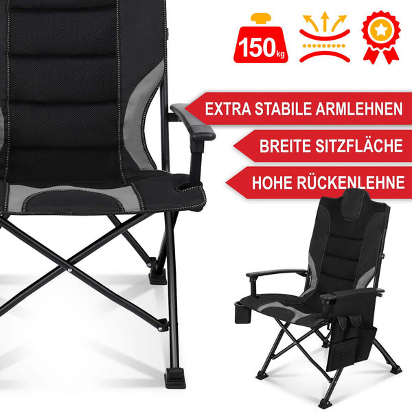 Sedia da campeggio con imbottitura extra, pieghevole e portatile, grigio-nero