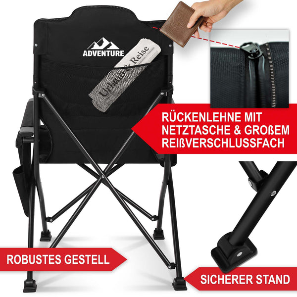 Sedia da campeggio con imbottitura extra, pieghevole e portatile, grigio-nero