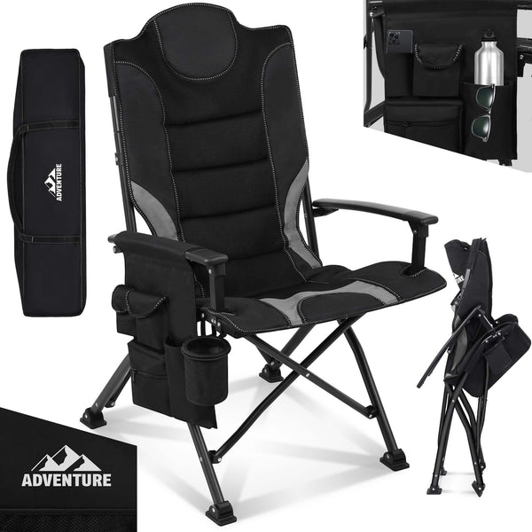 Sedia da campeggio con imbottitura extra, pieghevole e portatile, grigio-nero