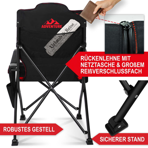 Sedia da campeggio con imbottitura extra, pieghevole e portatile, rosso-nero