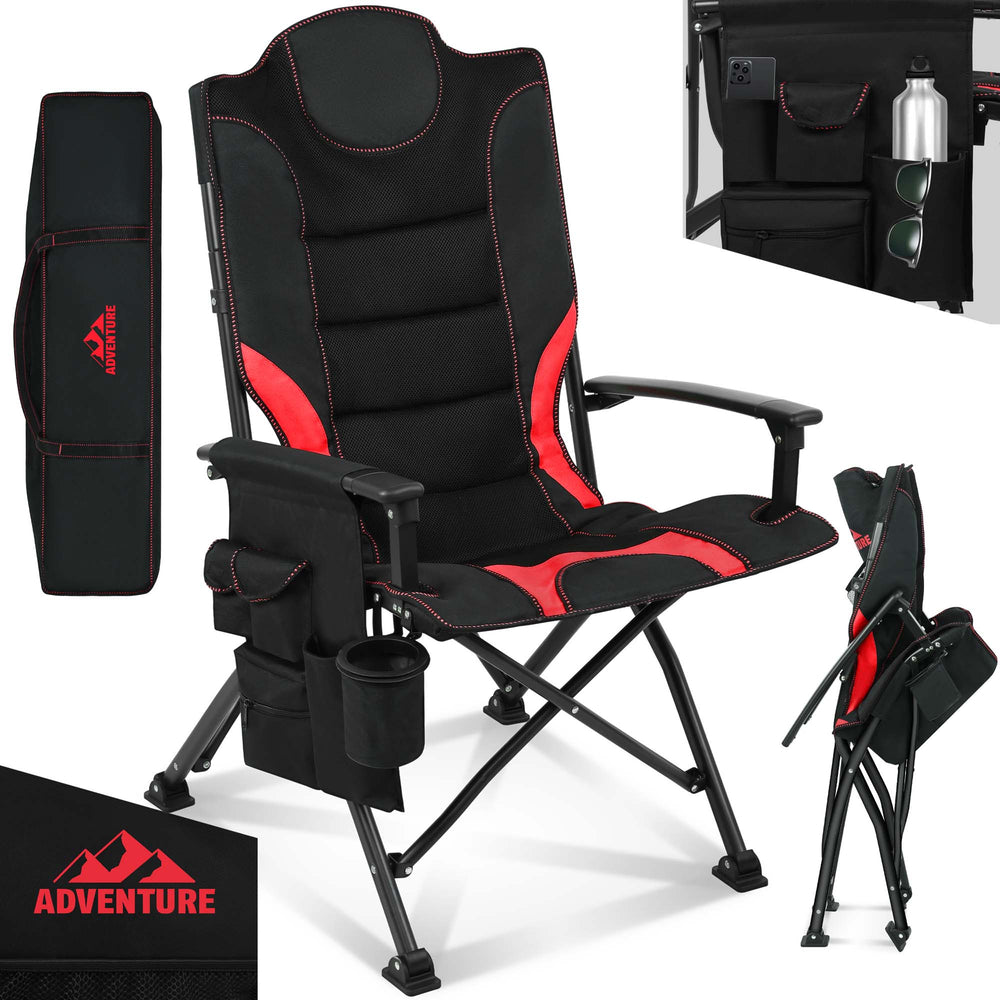 Sedia da campeggio con imbottitura extra, pieghevole e portatile, rosso-nero