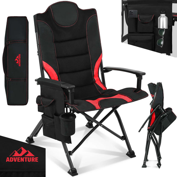 Sedia da campeggio con imbottitura extra, pieghevole e portatile, rosso-nero