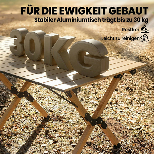 Campingtisch klappbar wasserdicht mit Tasche Aluminium Holzoptik