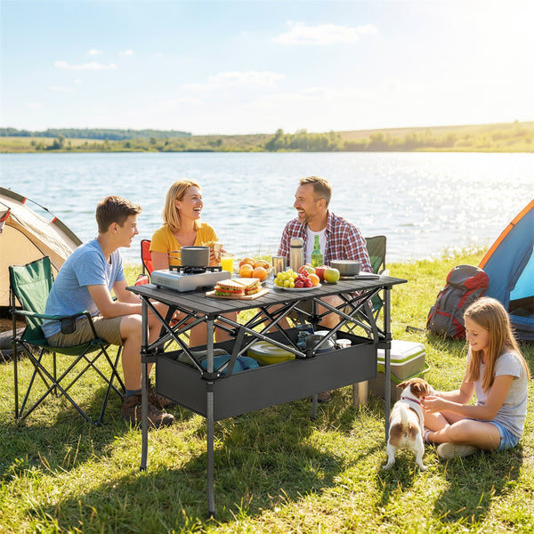 Campingtisch klappbar mit Netzablage und Tragetasche schwarz