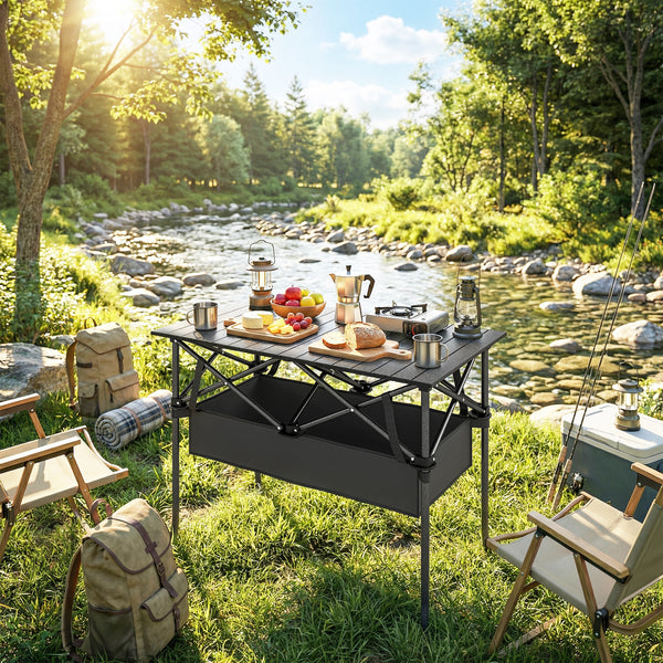 Campingtisch klappbar mit Netzablage und Tragetasche schwarz