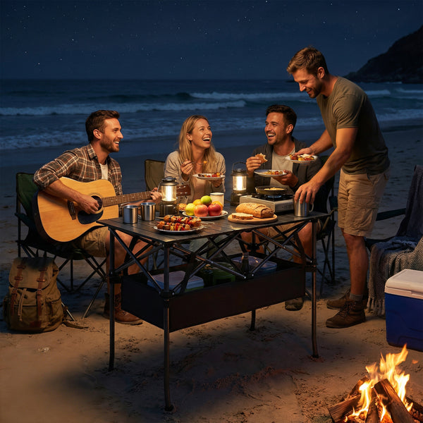 Campingtisch klappbar mit Netzablage und Tragetasche schwarz