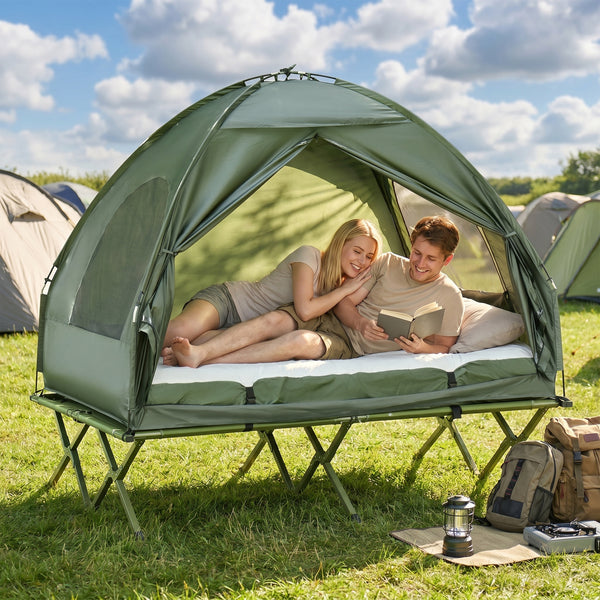 Campingzelt Set für 2 Personen mit Feldbett und Luftmatratze grün