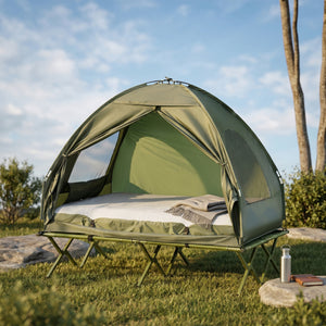 Campingzelt Set für 2 Personen mit Feldbett und Luftmatratze grün