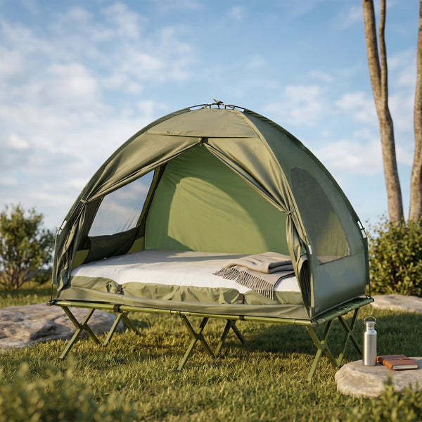 Campingzelt Set für 2 Personen mit Feldbett und Luftmatratze grün
