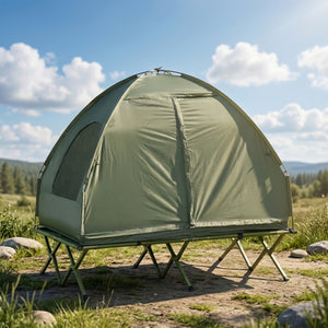 Campingzelt Set für 2 Personen mit Feldbett und Luftmatratze grün