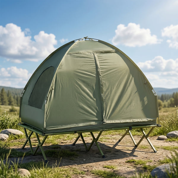 Campingzelt Set für 2 Personen mit Feldbett und Luftmatratze grün