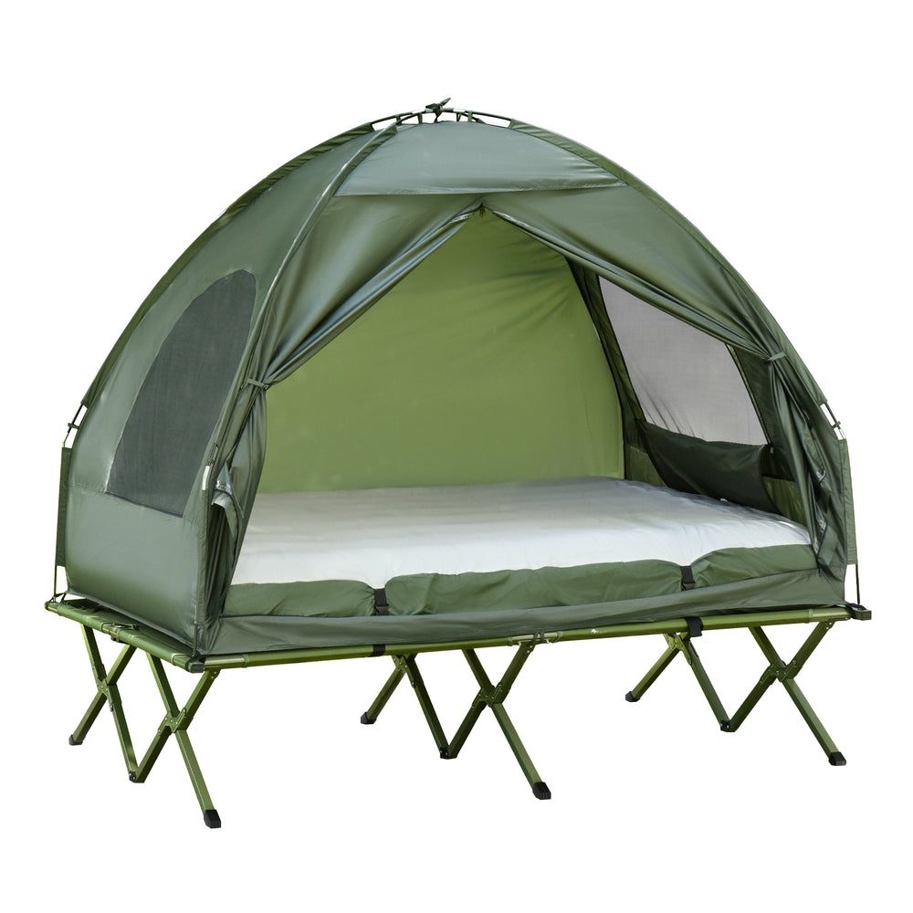 Campingzelt Set für 2 Personen mit Feldbett und Luftmatratze grün