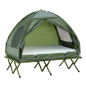 Campingzelt Set für 2 Personen mit Feldbett und Luftmatratze grün
