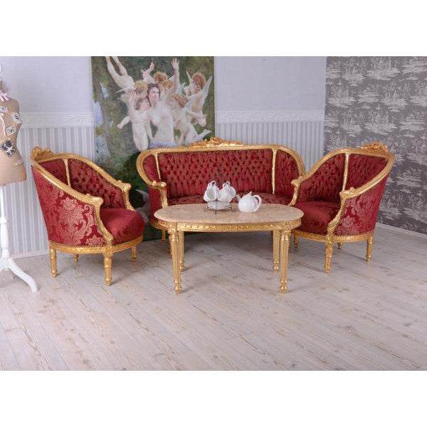 SITZGRUPPE BAROCK SALONGARNITUR SOFA & ZWEI SESSEL TISCH MARMORPLATTE