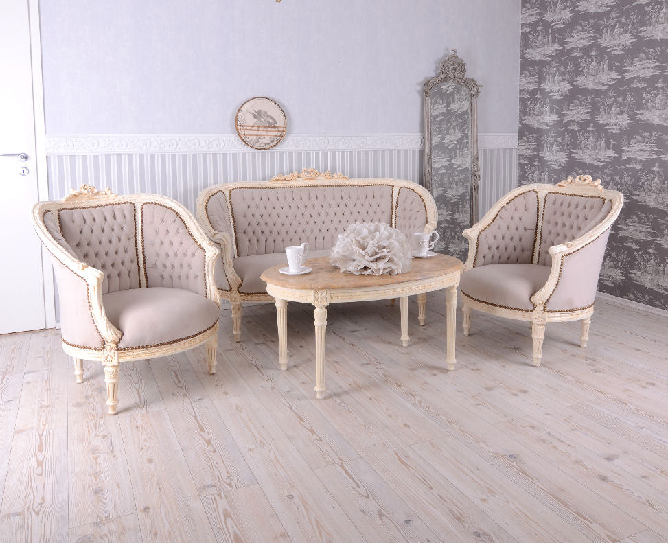 SITZGRUPPE BAROCK SALONGARNITUR SOFA & ZWEI SESSEL TISCH MARMOR