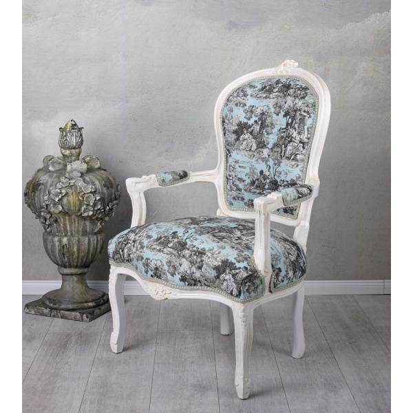 KÖNIGLICHER BAROCKER ARMLEHNSTUHL LOUIS XVI WEISS ROCOCO BLAU